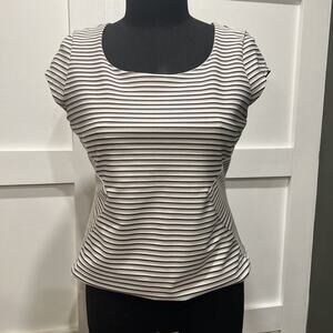 White House Black Market Striped Top Sz 4 Cap Sleeve Full Zip Back Scoop Neck